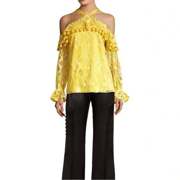 ALEXIS Adriana Yellow Lace Pom Pom Ruffle Cold Shoulder Tie Blouse, Size XS - Picture 1 of 16